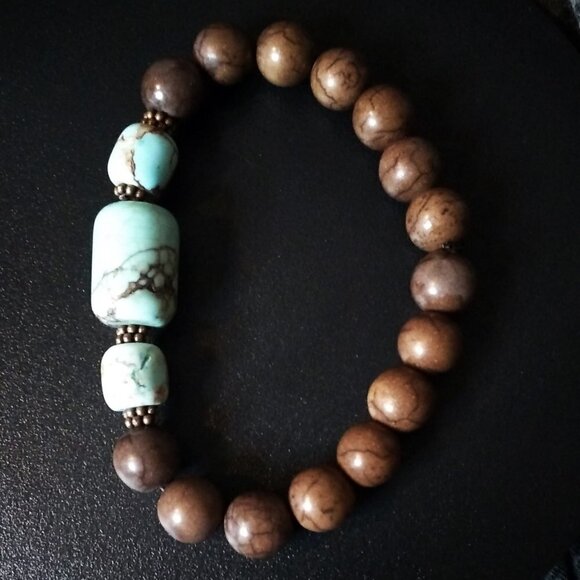 Boho & Southwest Influenced Flair! Earth Colors! Turquoise + Brown Howlite 7" - Picture 5 of 7